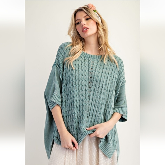 New Easel Cable Knit Short Sleave Sweater Pullover - Picture 5 of 5